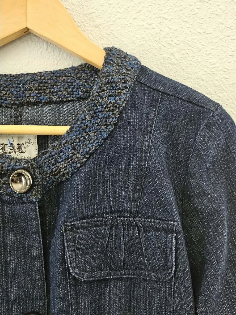 LAV Live A Little Women’s L Denim Blazer Jacket Tweed Trim Patch Pockets.